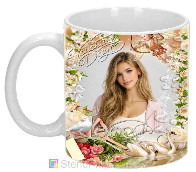 Кружка с фото Valentine Day с лебедями и цветами