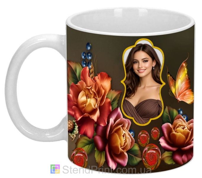 Чашка з фото для дівчини з квітами та метеликом красивий подарунок замовити