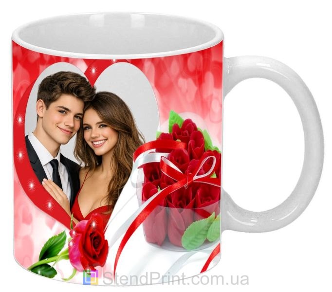 Кружка з фото в серці з трояндами романтичний подарунок замовити