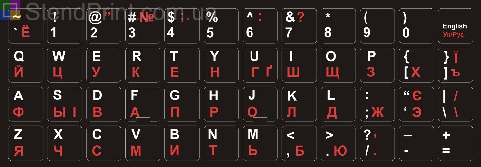 Наклейки на клавіатуру 12*12 мм. (Англійська, Українська, Російська) Код-22158