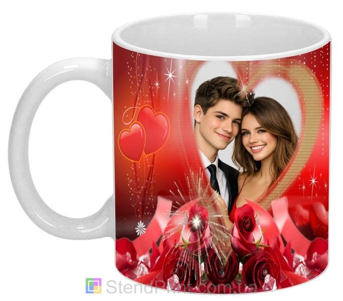 Чашка з фото для пари з серцем та трояндами романтичний подарунок до дня закоханих замовити