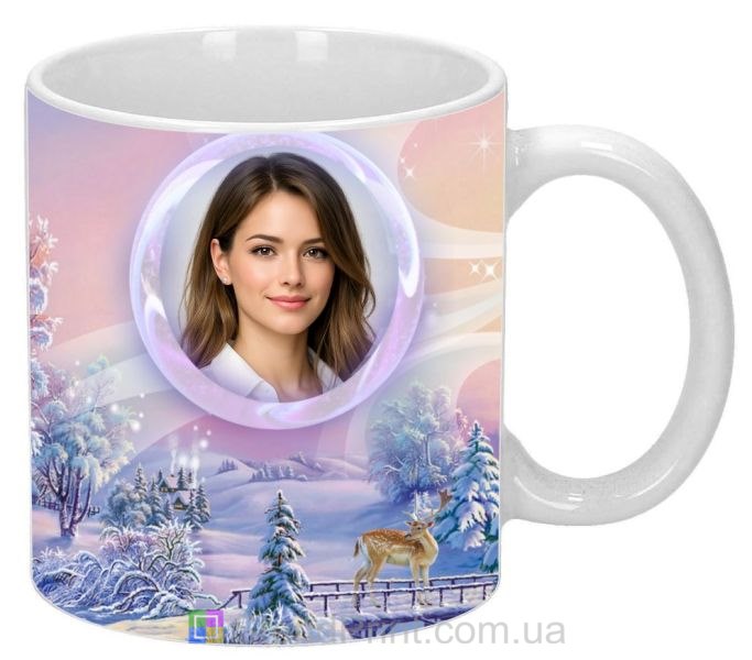 Чашка с фото зимний подарок девушке фоточашка с оленем и снегом