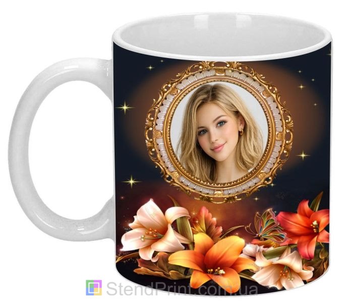 Кружка з фото для дівчини з золотою рамкою красивий подарунок замовити