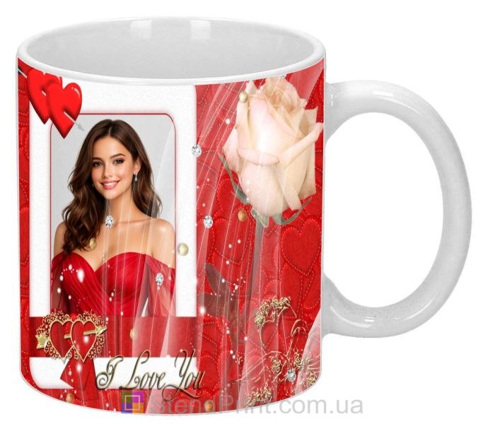 Кружка с фото I Love You с сердцами и розой