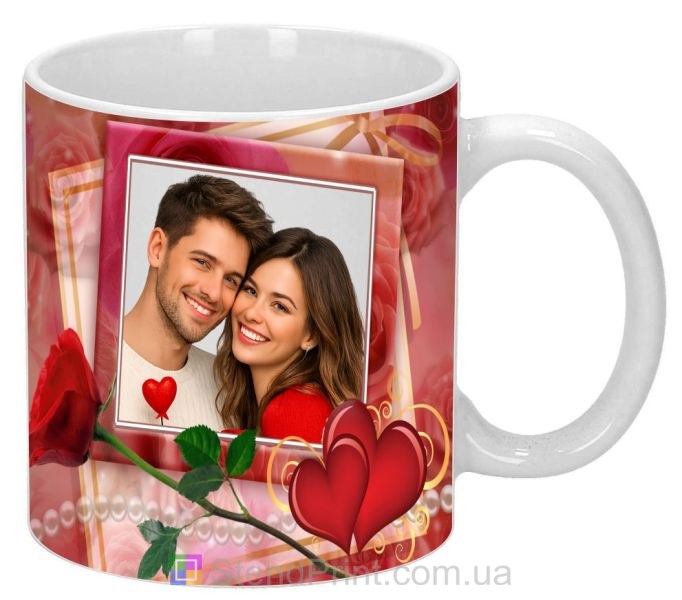Чашка с фото с сердцами и розой заказать