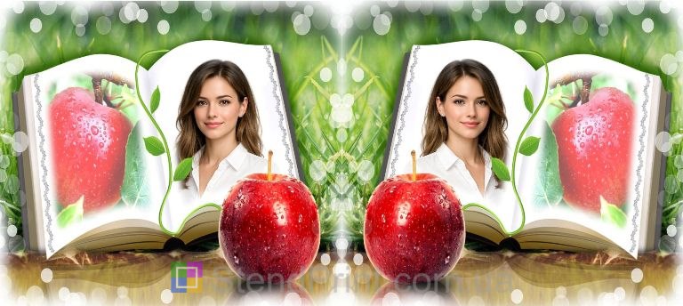 Чашка з фото книга, яблуко, зелений фон — замовити