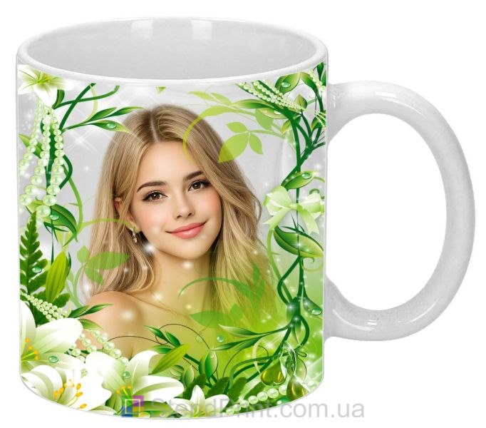 Кружка з фото для дівчини з білими ліліями ніжний подарунок замовити