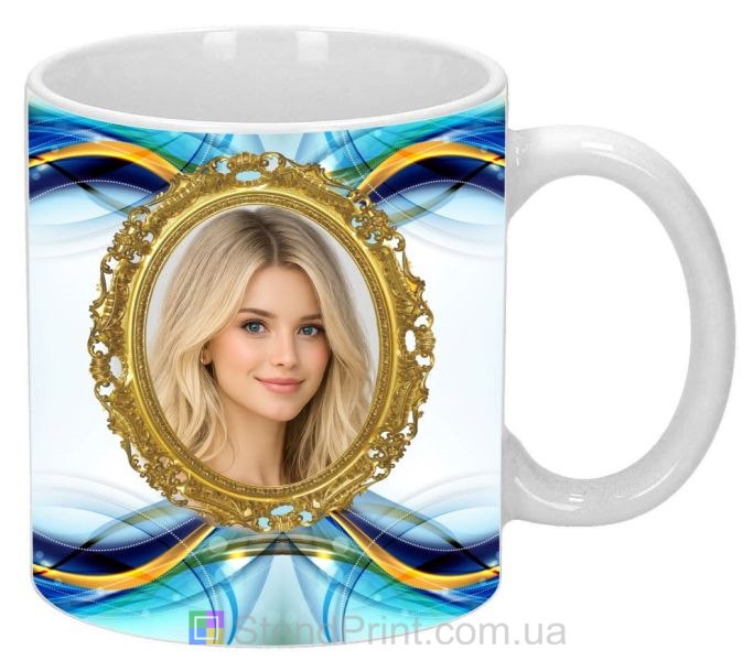 Чашка с фото для девушки с золотой рамкой стильный подарок заказать