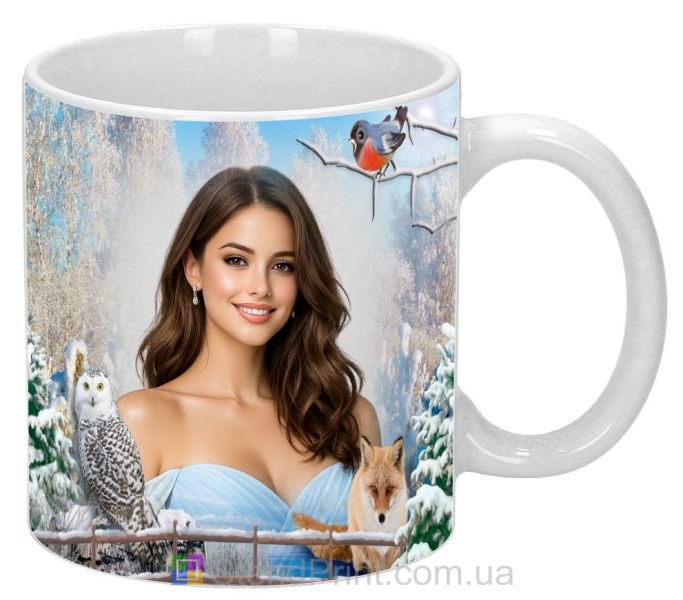 Чашка с фото зимний подарок девушке фоточашка с совой и зимним лесом
