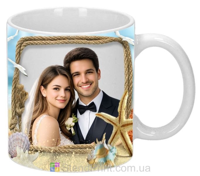 Чашка с фото песчаное побережье ракушки морская звезда заказать