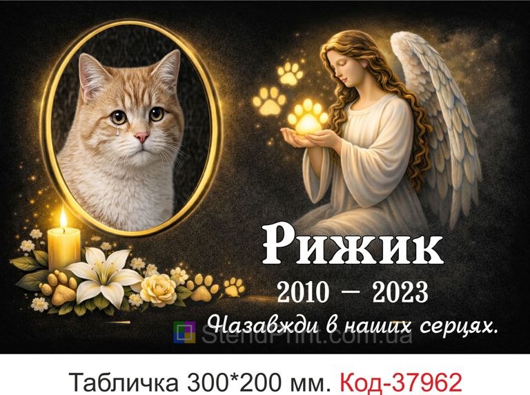 Замовити ритуальну табличку для кота на могилу з фото та ангелом