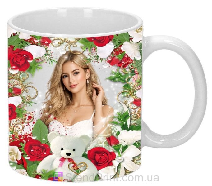Кружка з фото червоні та білі троянди ведмедик подарунок замовити