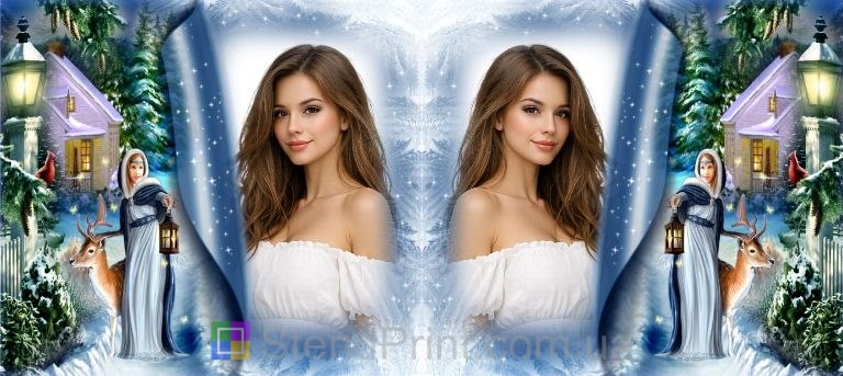 Кружка з фото зимовий казковий ліс, дівчина та олень — фоторамка, замовити онлайн