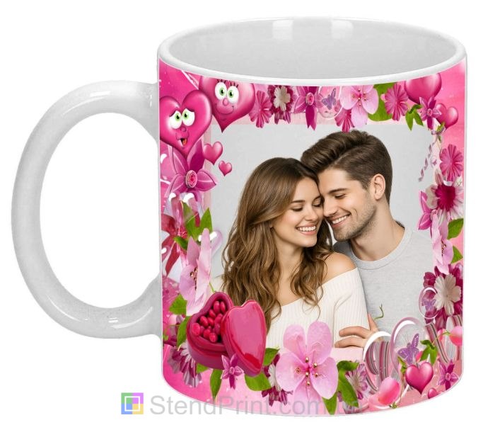 Кружка с фото в розовом стиле с цветами и сердцами романтический подарок заказать