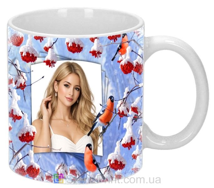 Кружка з фото зима горобина в снігу та снігурі персональний друк