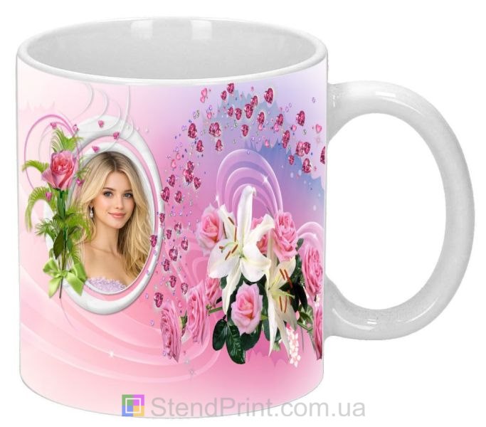 Кружка с фото для любимой в розовом дизайне с цветами и сердцами нежный подарок заказать