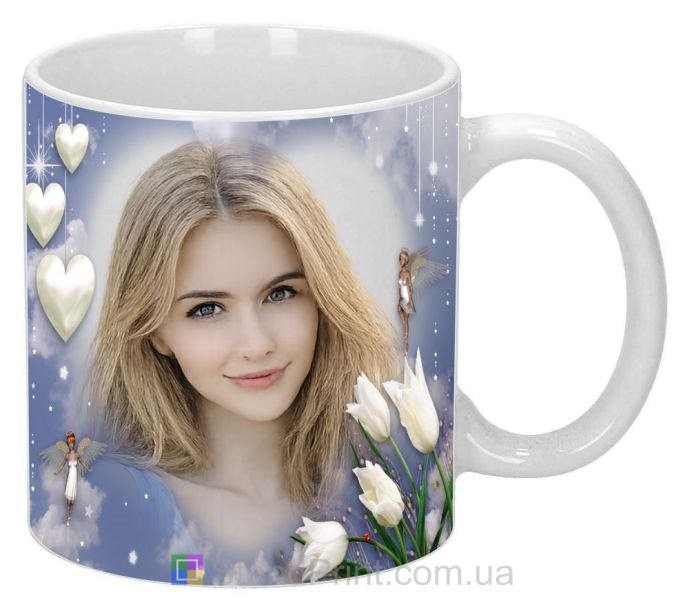 Кружка с фото для любимой с тюльпанами и сердцами нежный романтический подарок заказать