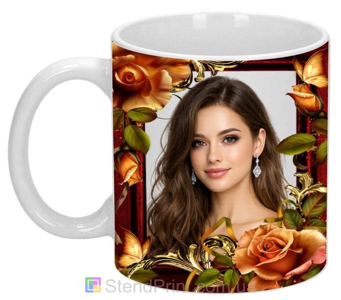 Чашка с фото для девушки с золотыми розами красивый подарок заказать
