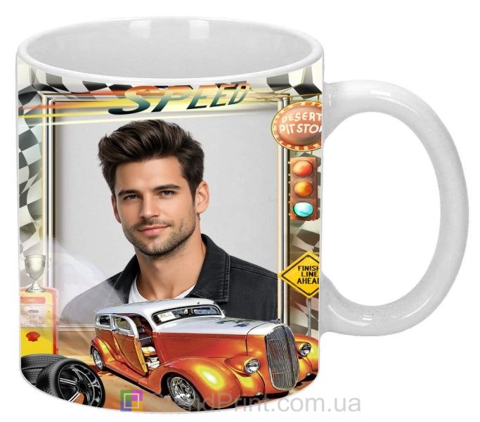 Кружка с фото в стиле ретро гонки с винтажным автомобилем персональный подарок автолюбителю