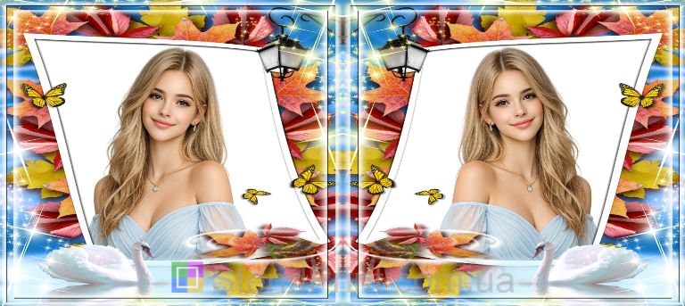 Кружка з фото осінь, кленове листя та лебідь — іменний друк на кружці