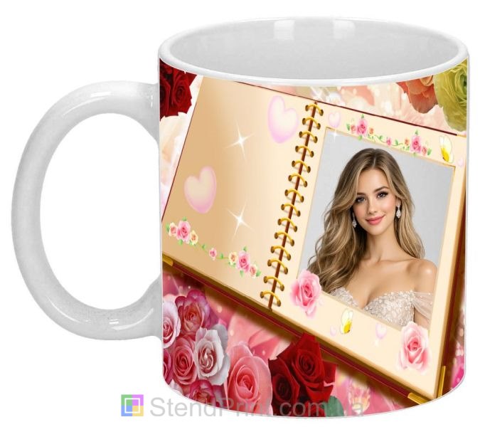 Горнятко з фото для коханої у стилі фотоальбому з трояндами замовити подарунок