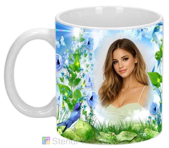 Чашка з фото блакитне небо, квіти та метелики — замовити