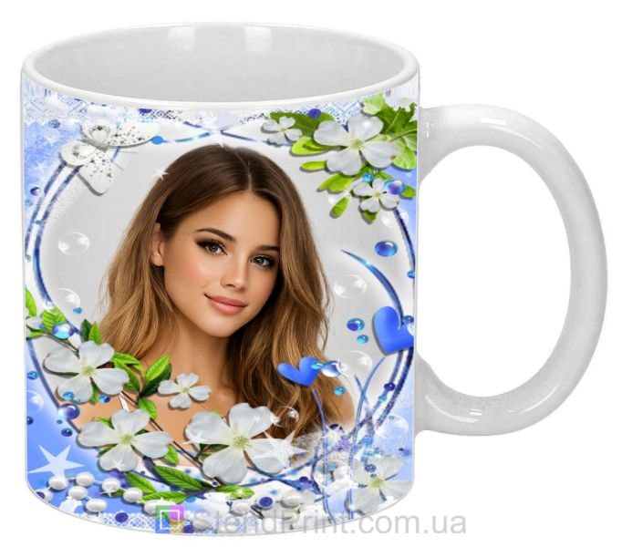 Кружка з фото з квітами та серцями для коханої ніжний подарунок