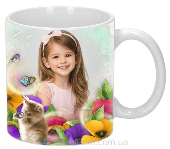 Кружка с фото котёнок цветы бабочки нежный дизайн заказать