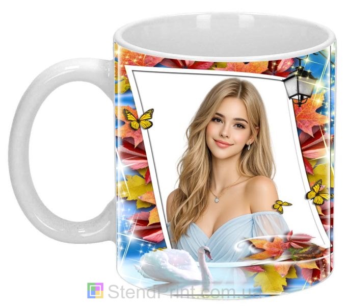Кружка з фото осінь, кленове листя та лебідь — іменний друк на кружці