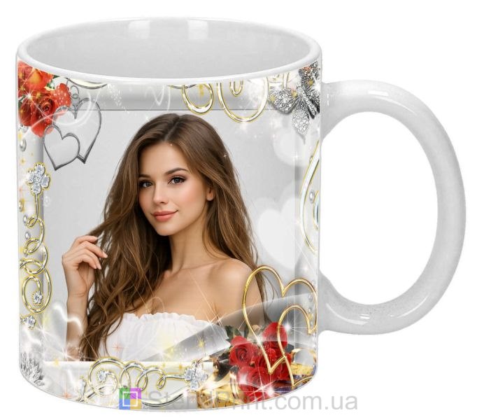 Горнятко з фото з золотими візерунками та серцями подарунок замовити