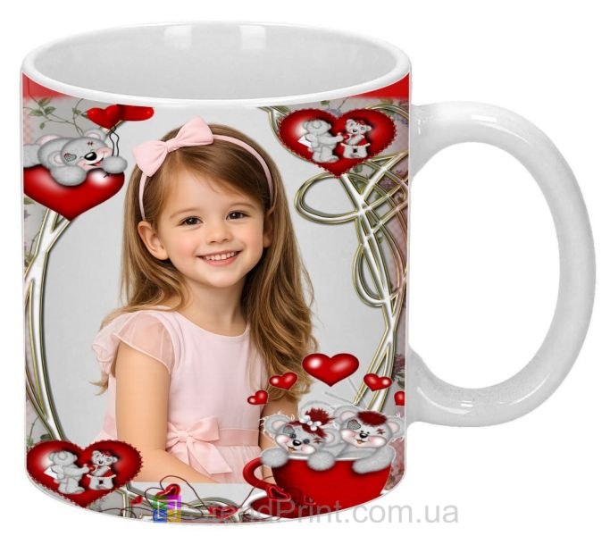 Чашка с фото для ребёнка с мишками и сердцами милый персональный подарок заказать