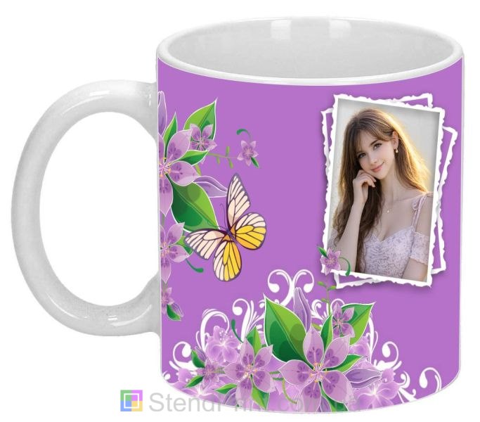 Чашка с фото для девушки с сиреневыми цветами заказать подарок