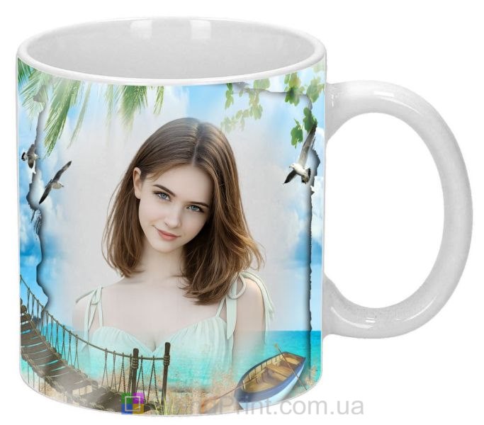 Чашка с фото морское побережье пальмы и чайки заказать
