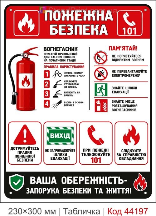 Пластикова табличка Пожежна безпека | Інструкція з пожежної безпеки