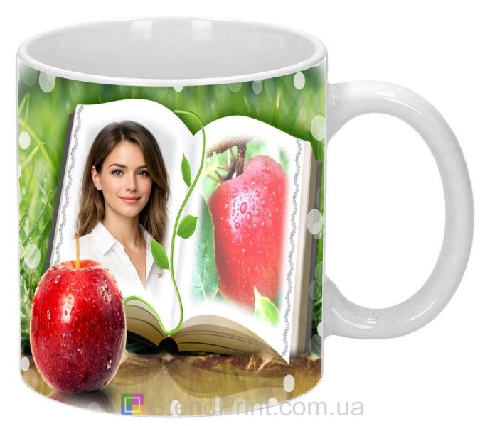 Чашка з фото книга, яблуко, зелений фон — замовити