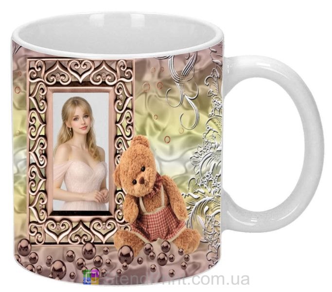 Чашка с фото для любимой с мишкой и нежным коллажем романтический подарок заказать