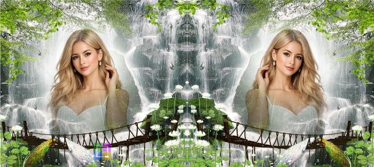 Кружка з фото водоспад, місток і павичі природа фотоефект замовити