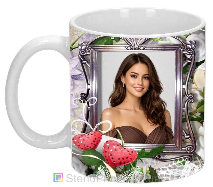 Кружка с фото винтажная рамка цветы и сердца