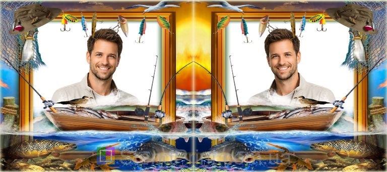 Кружка с фото для рыбака с лодкой удочками и трофейной рыбой персональный подарок заказать