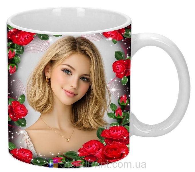 Кружка з фото з червоними трояндами та блиском подарунок коханій на свято
