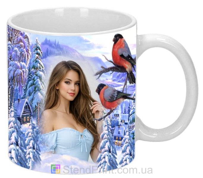 Кружка з фото зимовий пейзаж снігурі та ялинки персональний друк на кружці купити