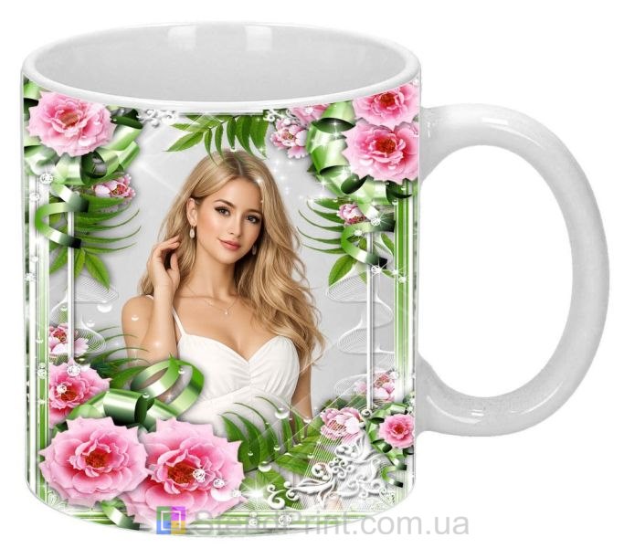 Чашка з фото троянда та зелене листя дизайнерська зі своїм фото замовити