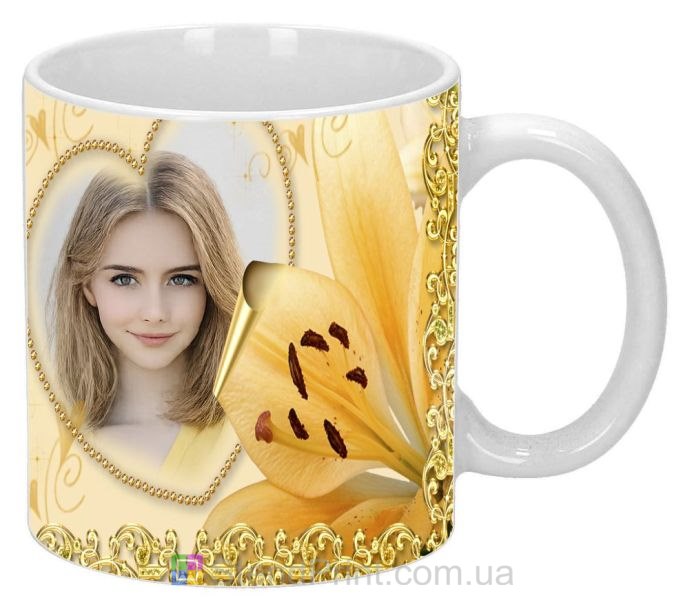 Чашка с фото для любимой с лилией и золотым узором изысканный подарок заказать