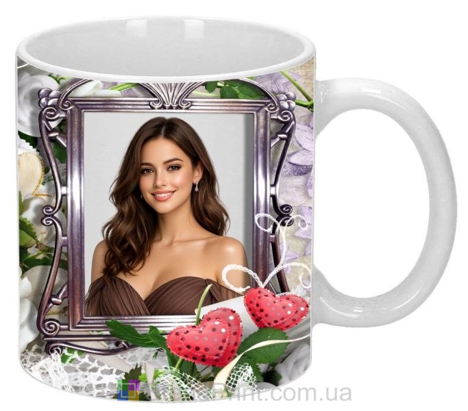 Кружка с фото винтажная рамка цветы и сердца