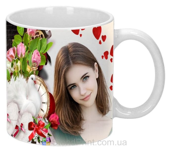 Чашка с фото и белым голубем — символ нежности