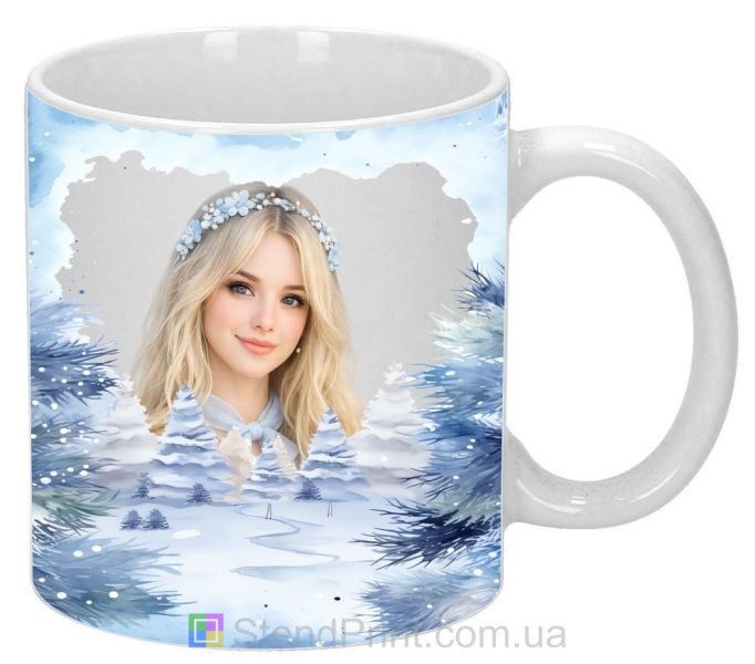 Чашка з фото зимовий подарунок для дівчини фоточашка зі сніжним лісом
