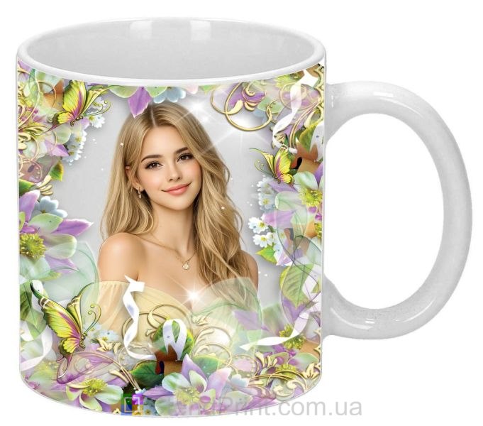 Горнятко з фото весняна рамка квіти метелики замовити