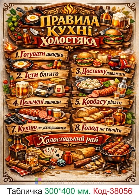 Табличка правила кухні холостяка купити декор