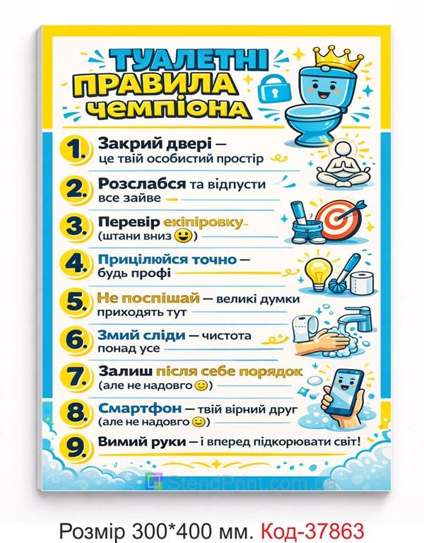Табличка туалетні правила чемпіона на двері купити