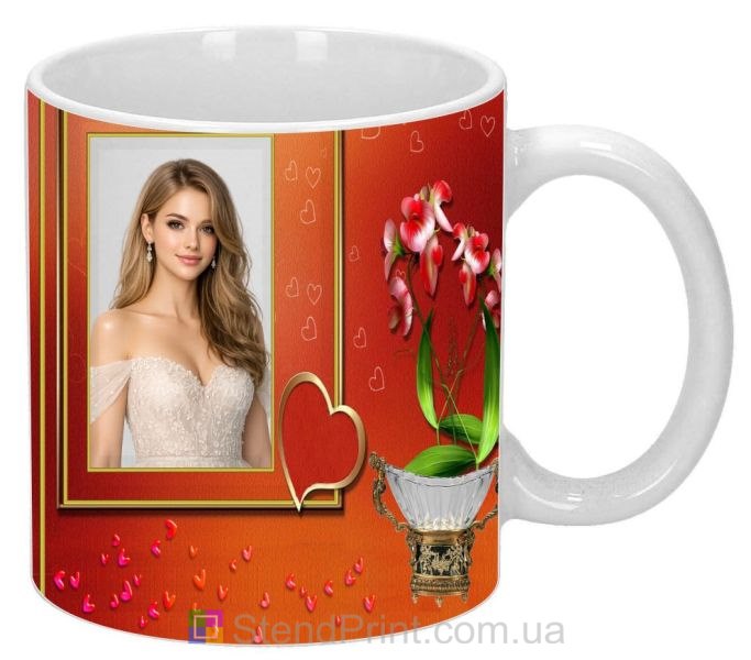 Чашка с фото для любимой с цветами и сердцем яркий романтический подарок заказать